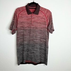 Lululemon Polo shirt Men’s Large Short Sleeve Red Black Stripe  A3
